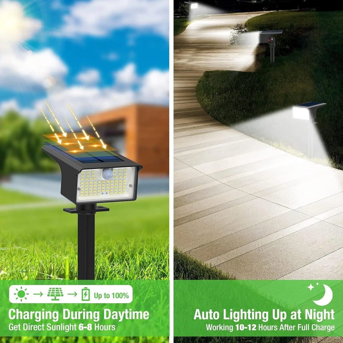 Solar powered motion sensor spot lights illuminating a pathway during the night