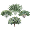 A collection of artificial eucalyptus stems in various shades of green and gray for floral arrangements.