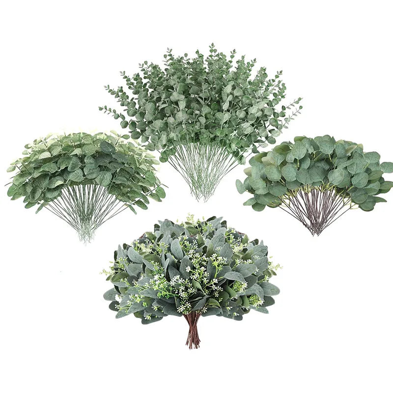 A collection of artificial eucalyptus stems in various shades of green and gray for floral arrangements.