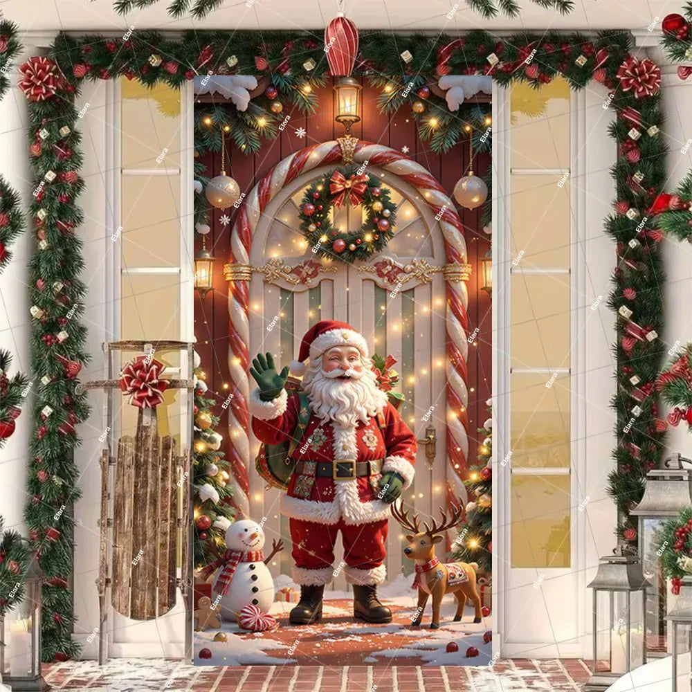 A festive door cover banner featuring Christmas Santa and an elk in a decorated wooden doorway.