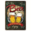 Vintage metal tin sign featuring the text It's Beer and O'Clock Enjoy with illustrations of beer mugs and foliage.