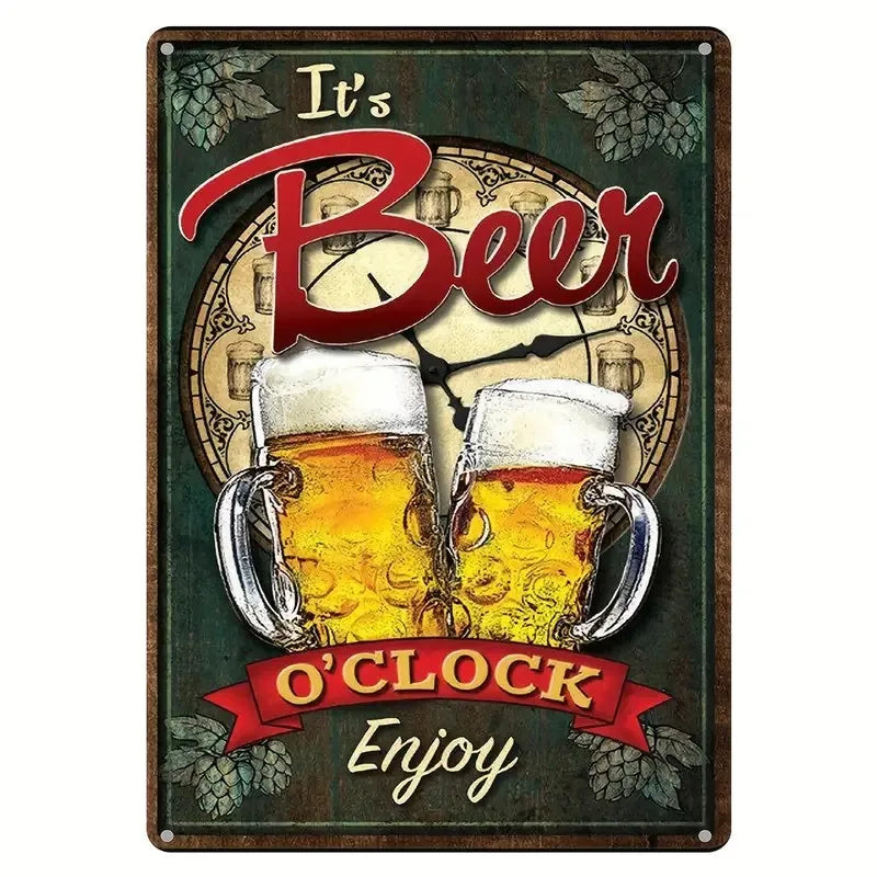 Vintage metal tin sign featuring the text It's Beer and O'Clock Enjoy with illustrations of beer mugs and foliage.