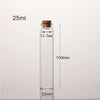 A clear glass bottle with a cork stopper, labeled 25ml, and dimensions of 100mm height and 22mm base.