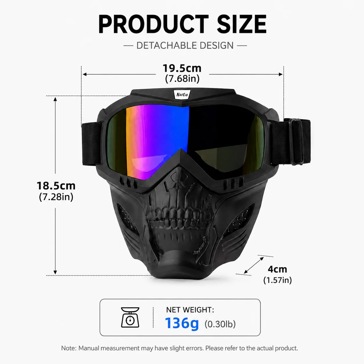 Black offroad full face skull riding goggles shown with dimensions and weight