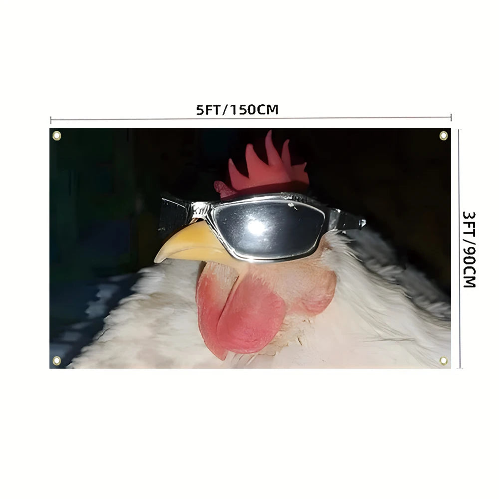 A close-up photo of a chicken head wearing sunglasses and a red comb, used as a wall hanging banner.