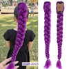 Purple braided ponytail hairpiece for kids shown on a person's head and a separate display.