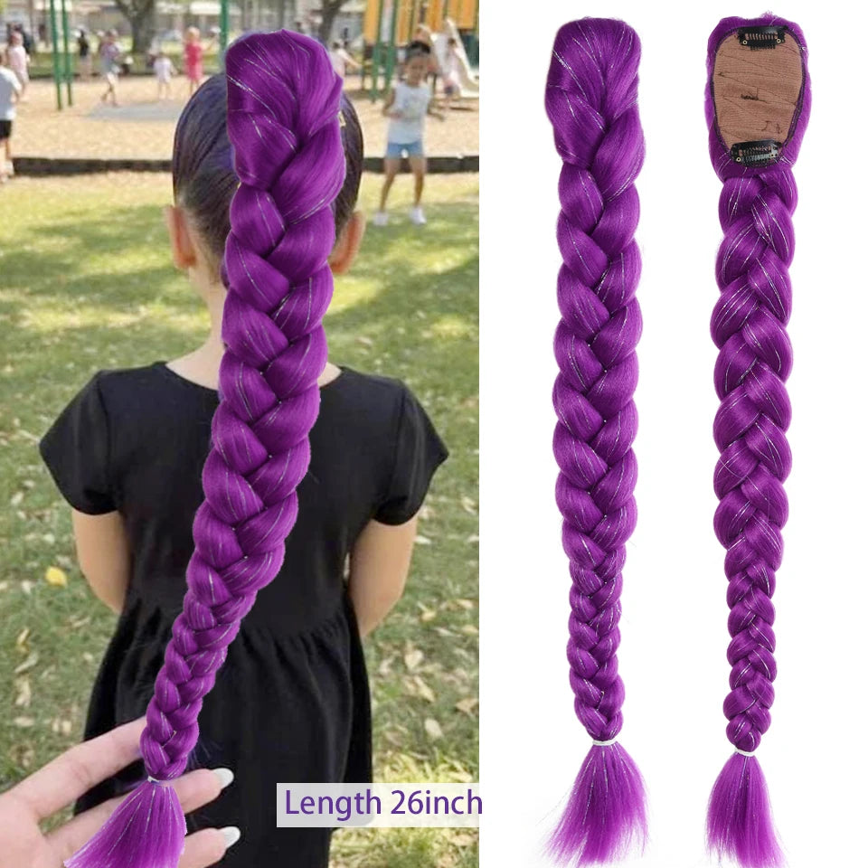 Purple braided ponytail hairpiece for kids shown on a person's head and a separate display.