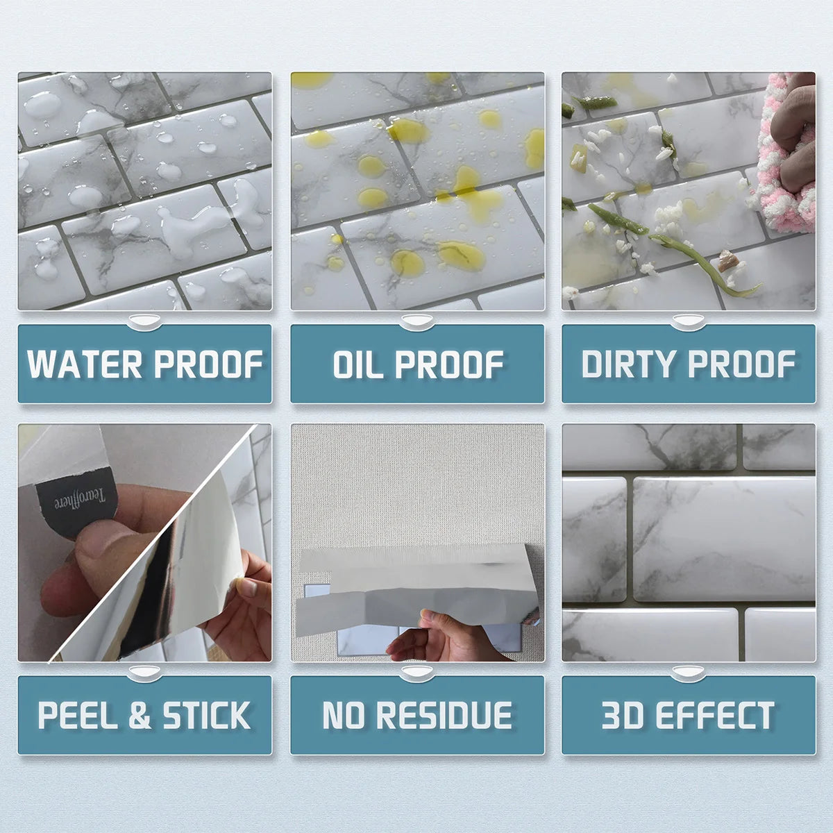 A set of self-adhesive heat resistant wall tiles demonstrating water proof, oil proof, and dirty proof features.