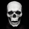 A realistic white skull mask with a wide, grinning mouth is displayed against a black background.