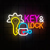 Neon light art showing a key and lock symbol glowing in yellow, pink, and orange on a dark background.