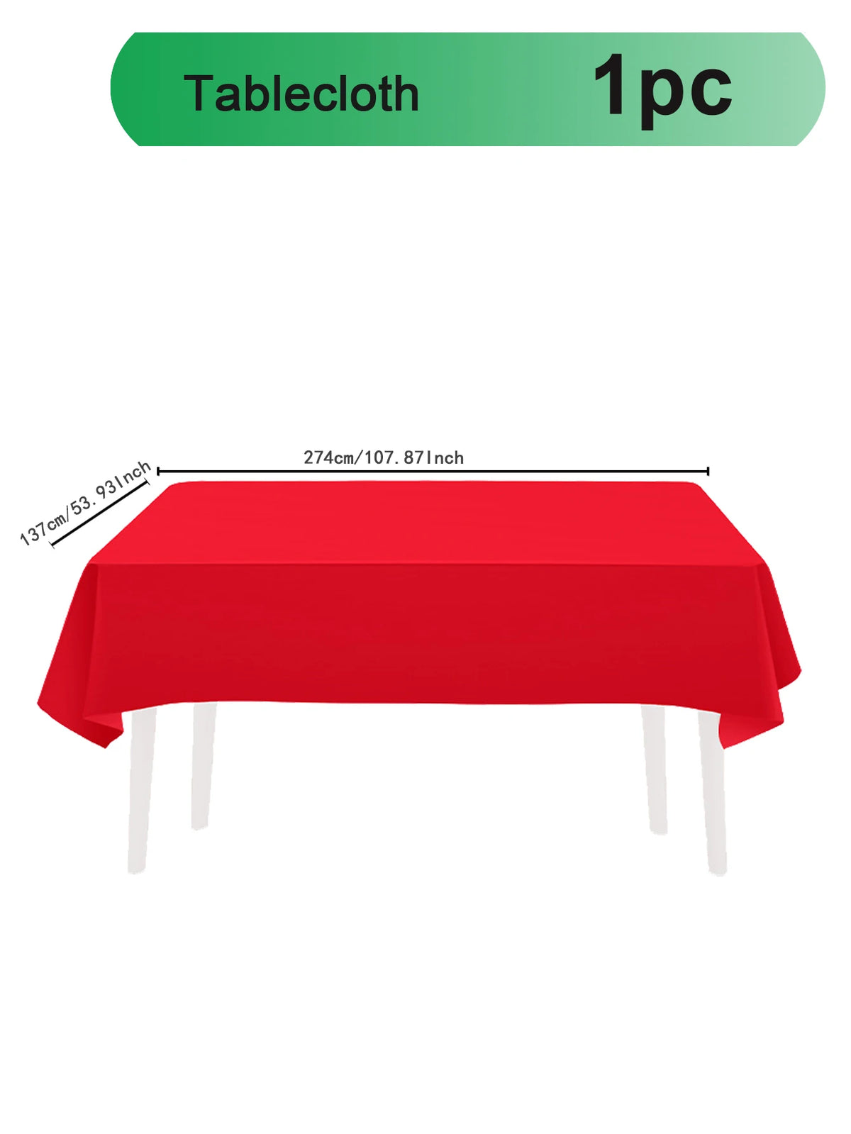 A red tablecloth is displayed on a table, measuring 274cm/107.87inch.