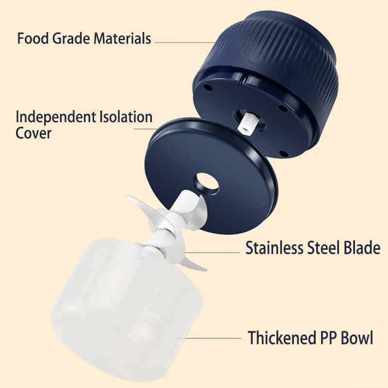 A mini electric food chopper with a blue lid, stainless steel blade, and thickened PP bowl for chopping ingredients.