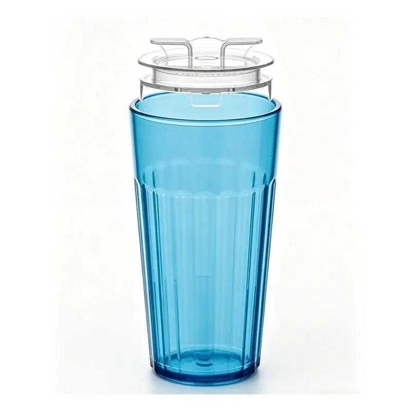 A clear blue plastic drinking cup with a silicone lid, shown against a white background.