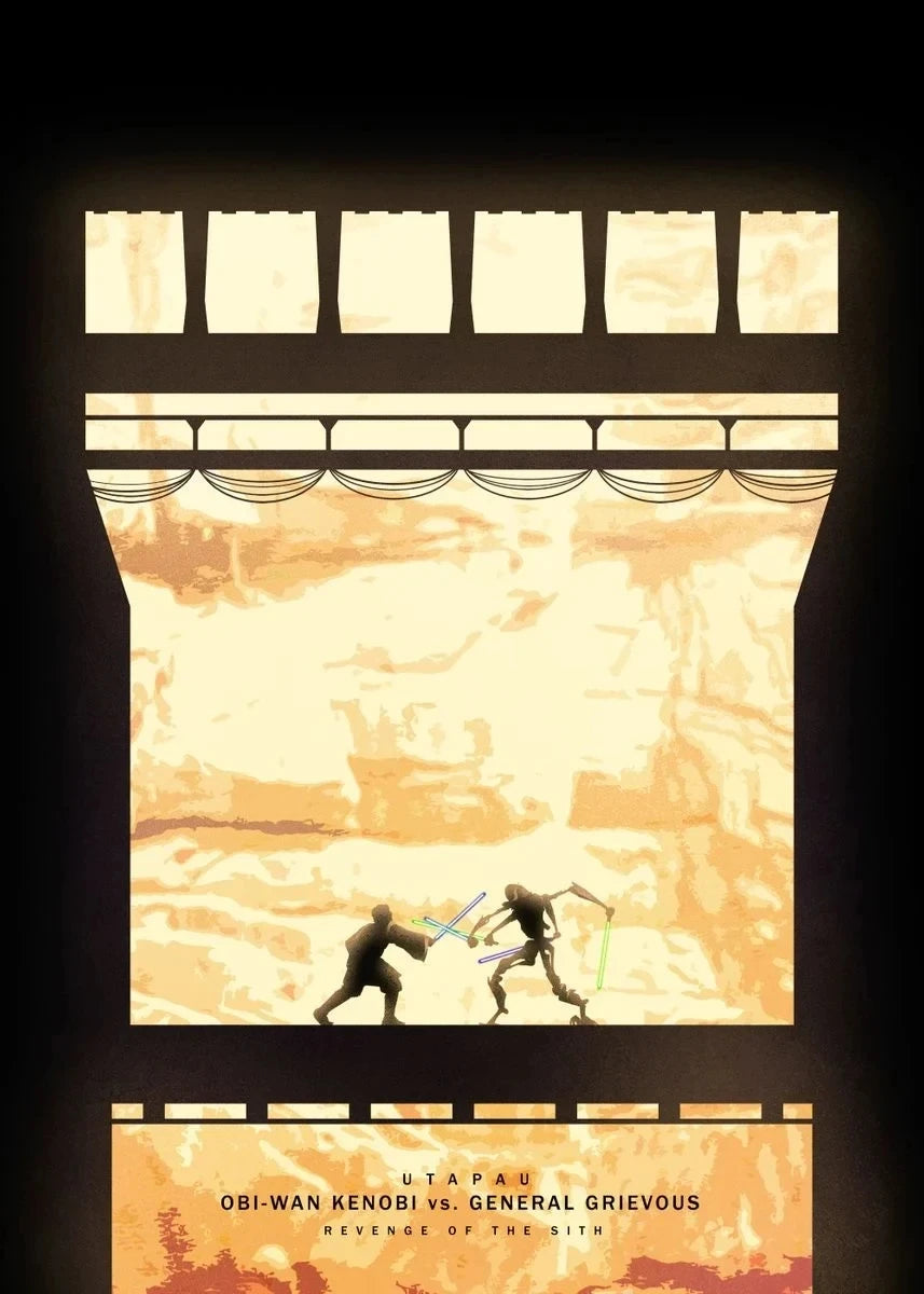 Arte de pared con una escena estilizada de Obi-Wan Kenobi contra General Grievous en estilo pop abstracto.