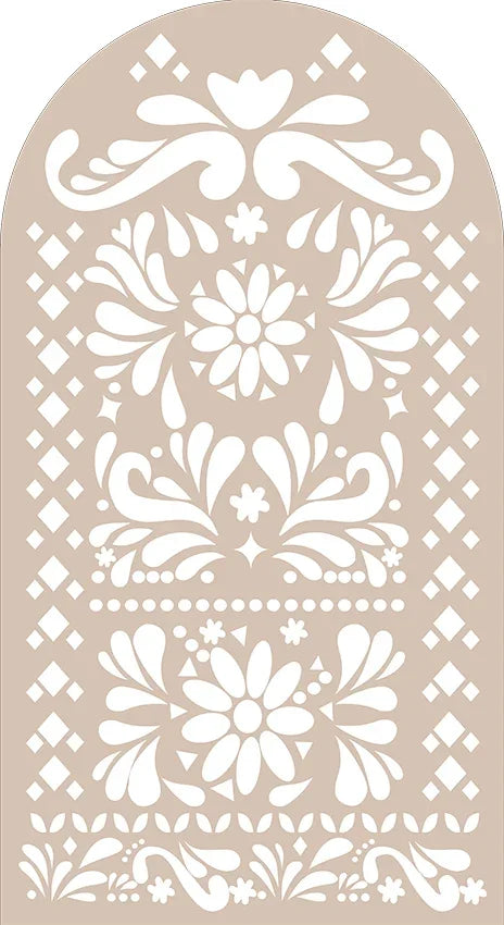 A beige backdrop featuring white floral and geometric patterns suitable for events.