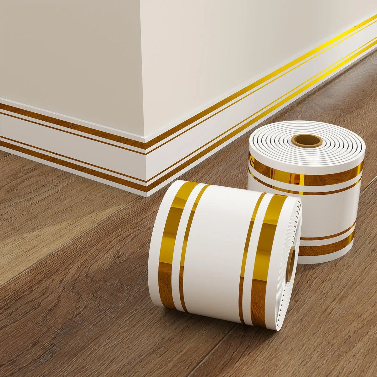 Rolls of white and gold self-adhesive PVC skirting board trim for waterproofing
