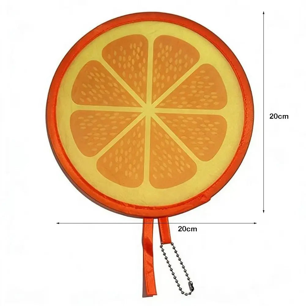 Round hand fan with an orange fruit design and orange fabric, featuring a hanging loop.