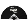 Black folding hand fan with white text that reads Your Design Here
