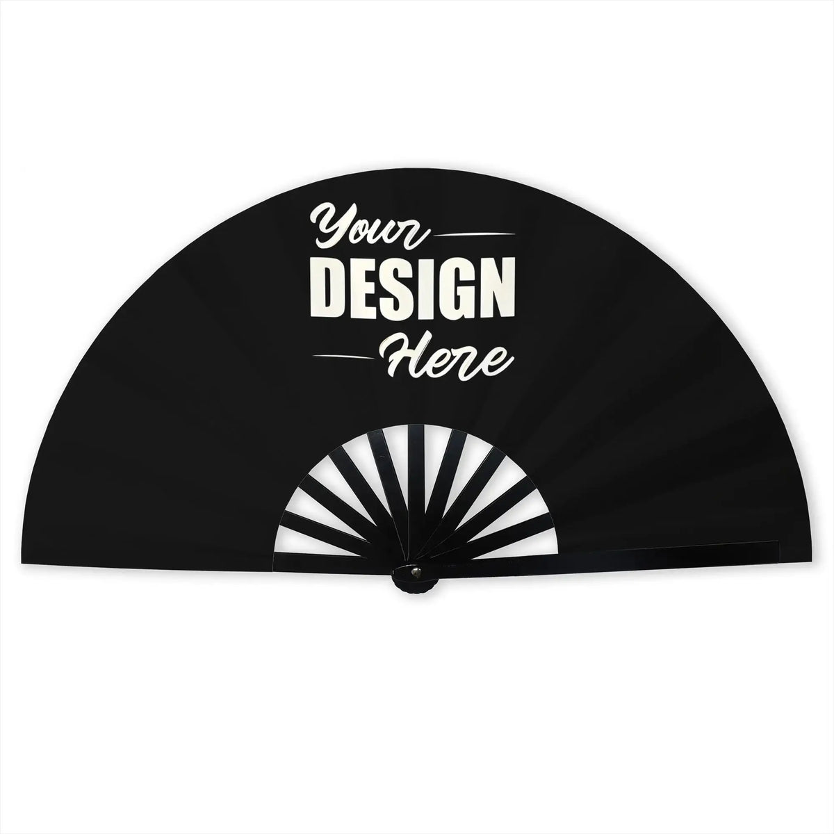 Black folding hand fan with white text that reads Your Design Here