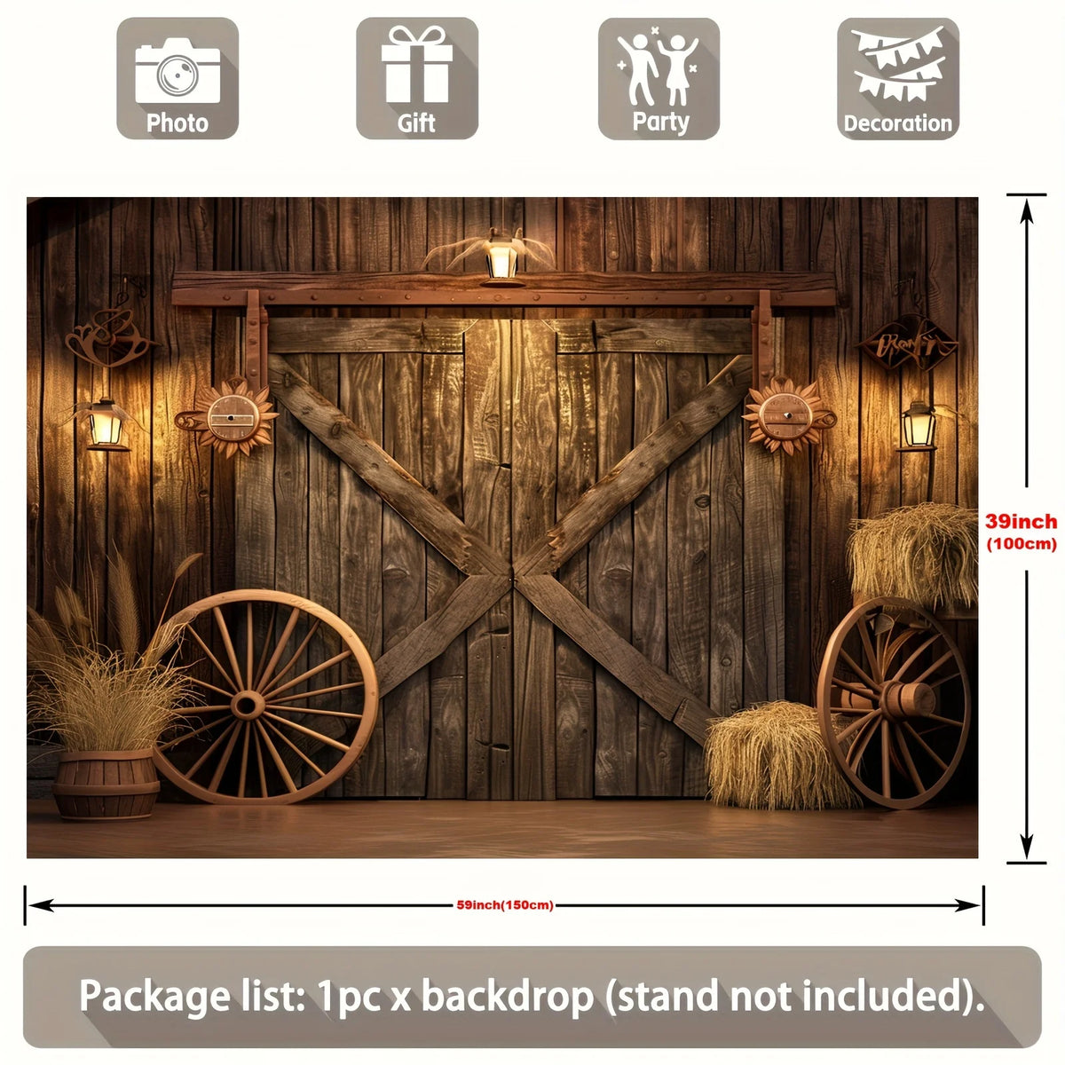 A rustic wooden cowboy backdrop featuring a large wooden door and decorative elements like wagon wheels and hay.