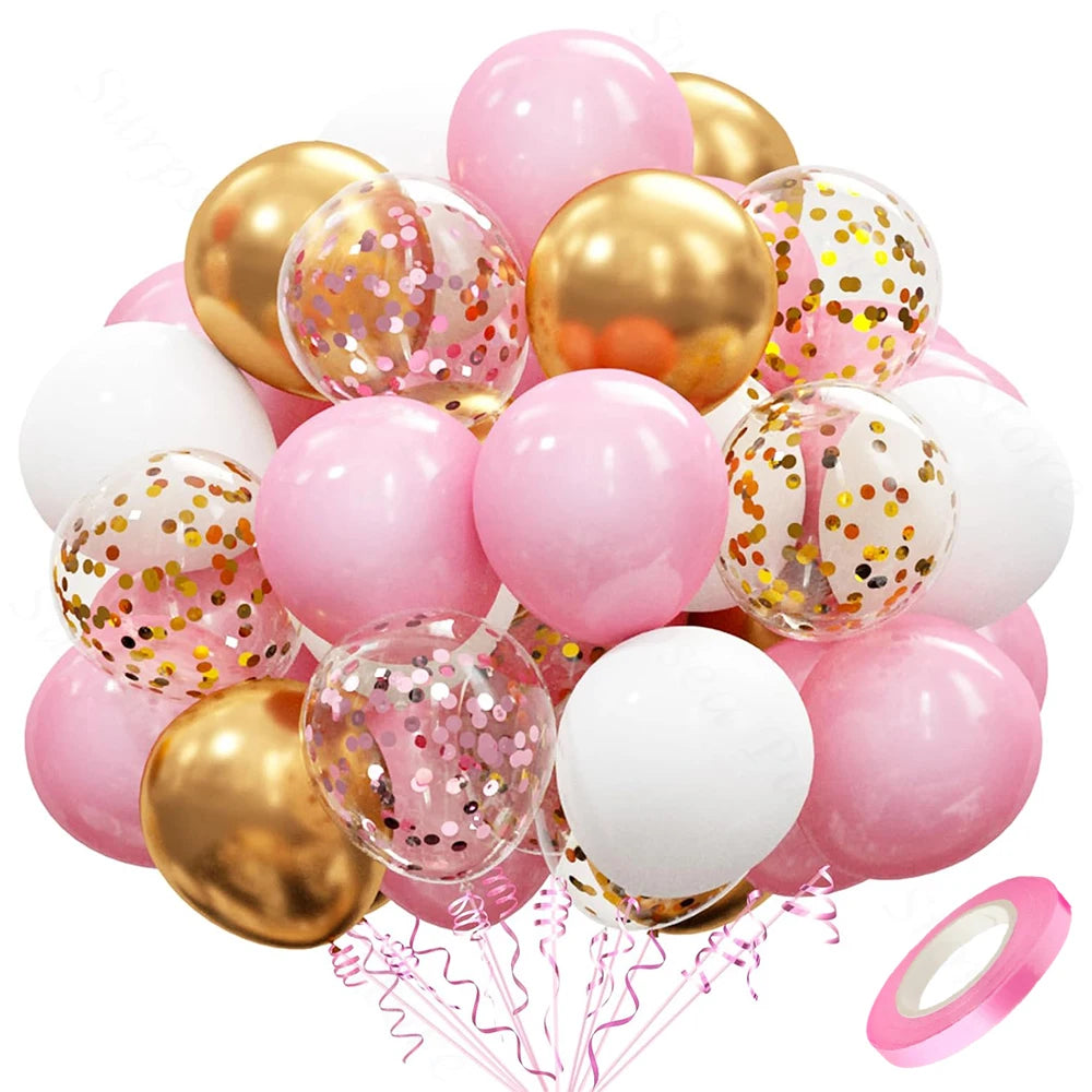 A pile of pastel pink and white latex balloons with metallic gold confetti accents.