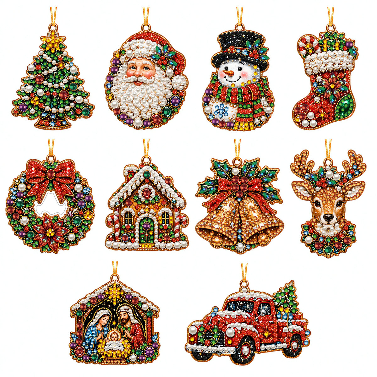 A set of Christmas diamond art ornaments featuring Santa, a snowman, and reindeer pendants.