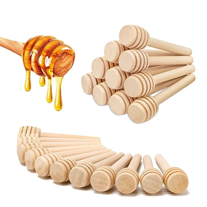 A set of ten natural wood honey dipper sticks arranged in various groupings.