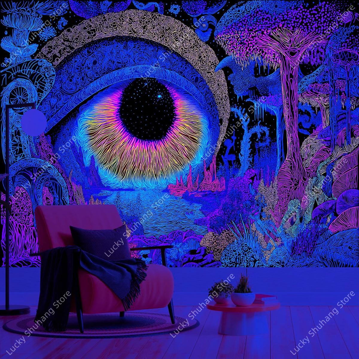 A vibrant psychedelic tapestry featuring glowing geometric patterns and an eye motif in purple, blue, and neon colors.