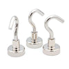 A pair of heavy duty stainless steel magnetic hooks with curved handles and round bases.