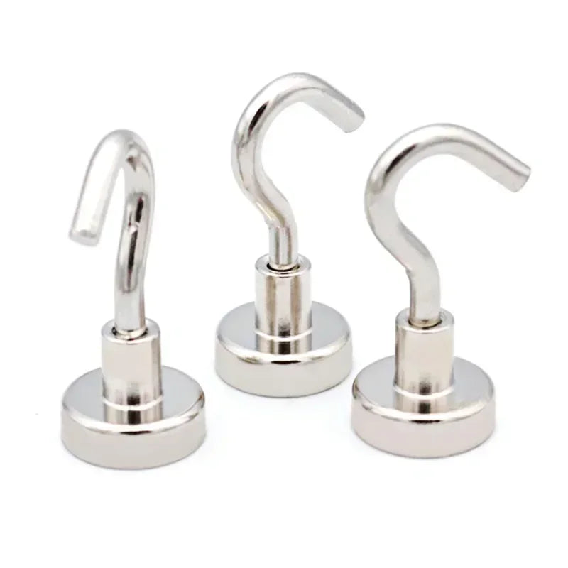 A pair of heavy duty stainless steel magnetic hooks with curved handles and round bases.