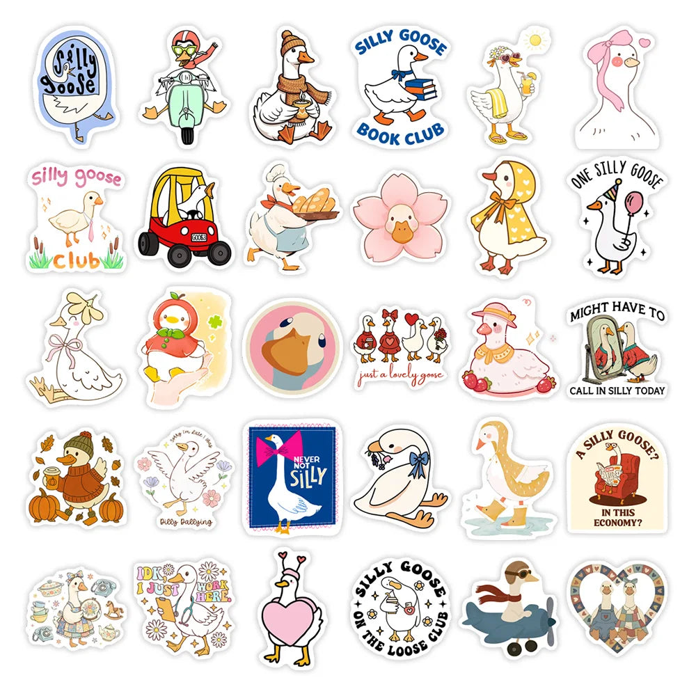 A collection of funny goose cartoon vinyl decals featuring various goose characters and themes for DIY decor.