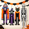 A set of Halloween hanging ornaments featuring ghosts, pumpkins, and skeletons in various colors.