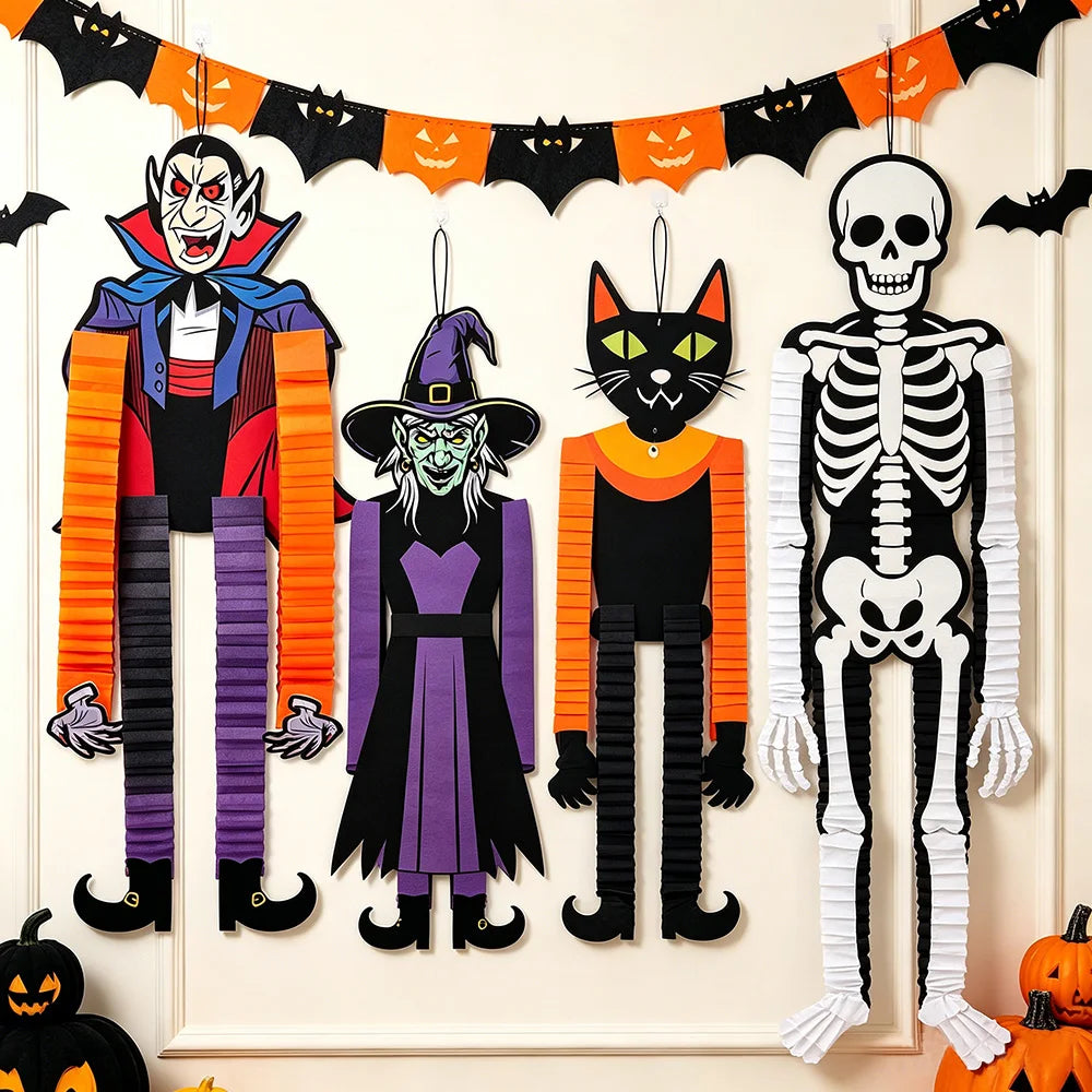 A set of Halloween hanging ornaments featuring ghosts, pumpkins, and skeletons in various colors.