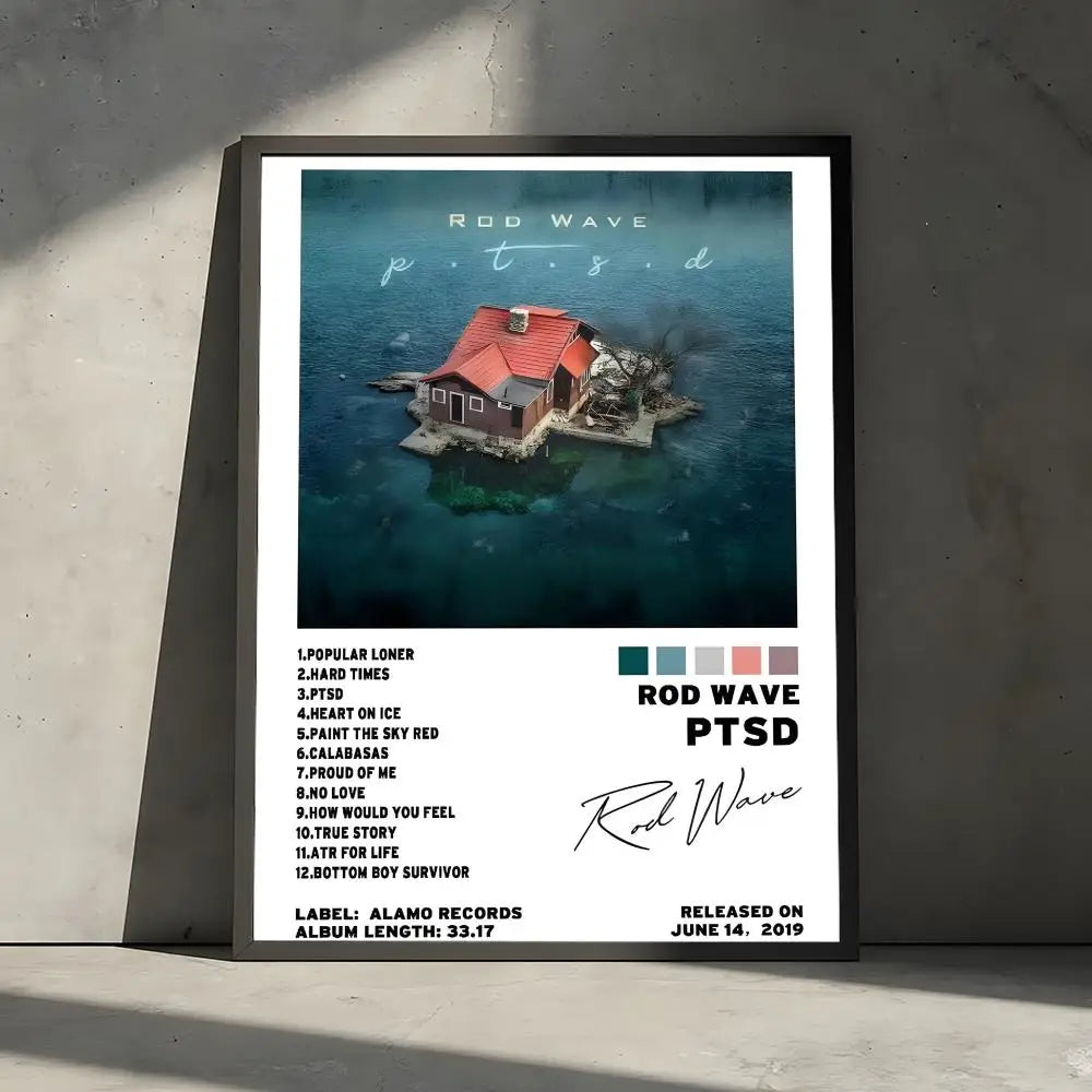 Album poster for Rod Wave's PTSD featuring a boat on dark blue water and a red house.