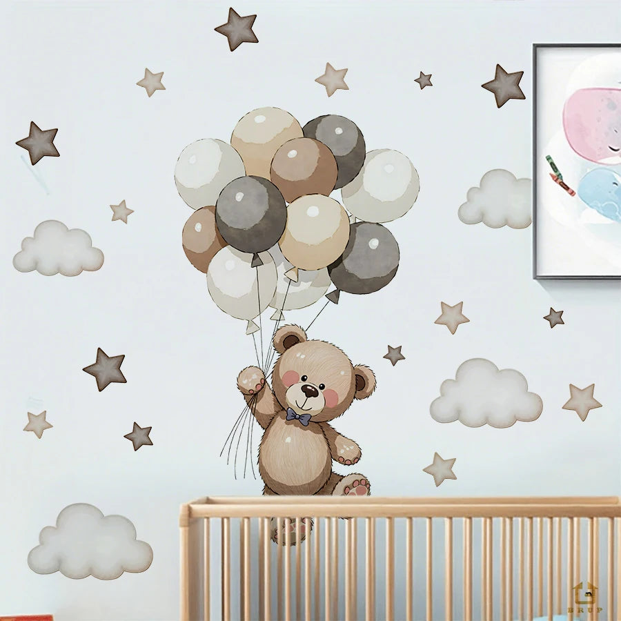 Décalcomanies murales d'ours en peluche adorables avec ballons et étoiles sur fond gris clair
