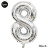Silver foil number balloon shaped like the number 8, measuring 32 inches.
