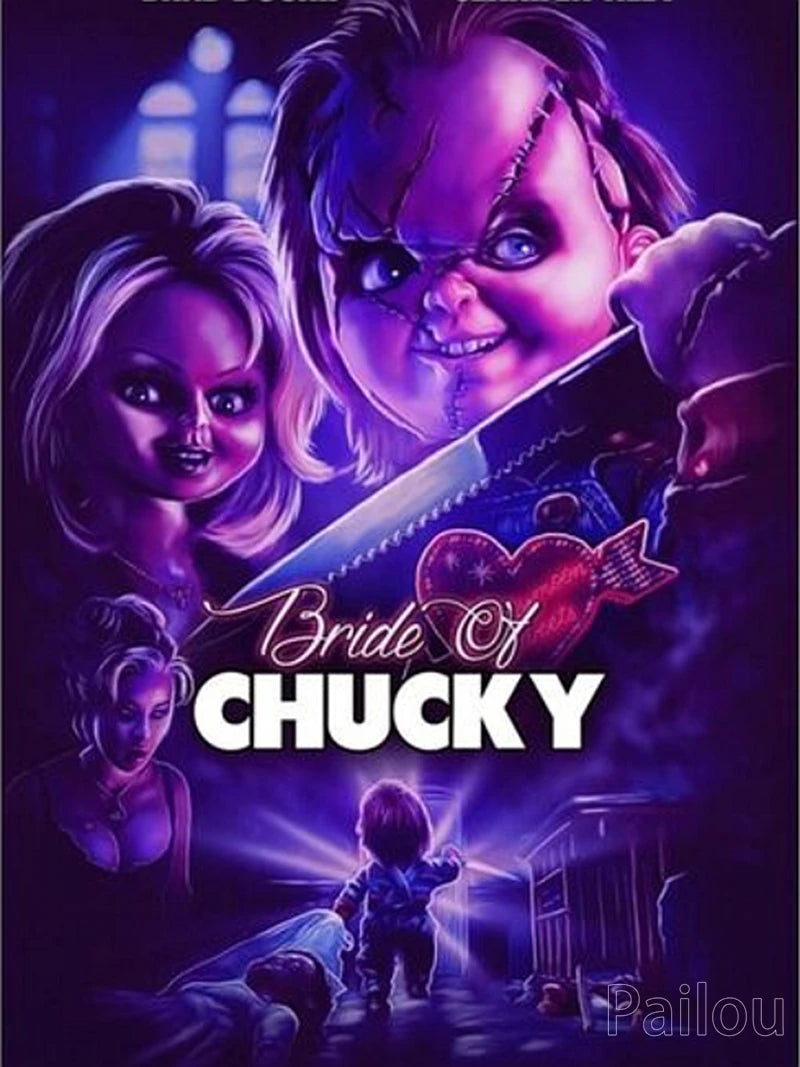 A dark, dramatic portrait featuring Chucky with a knife and other figures, suitable for a diamond painting kit.