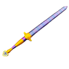A purple and silver lightsaber prop with a gold hilt, shown diagonally against a black background.