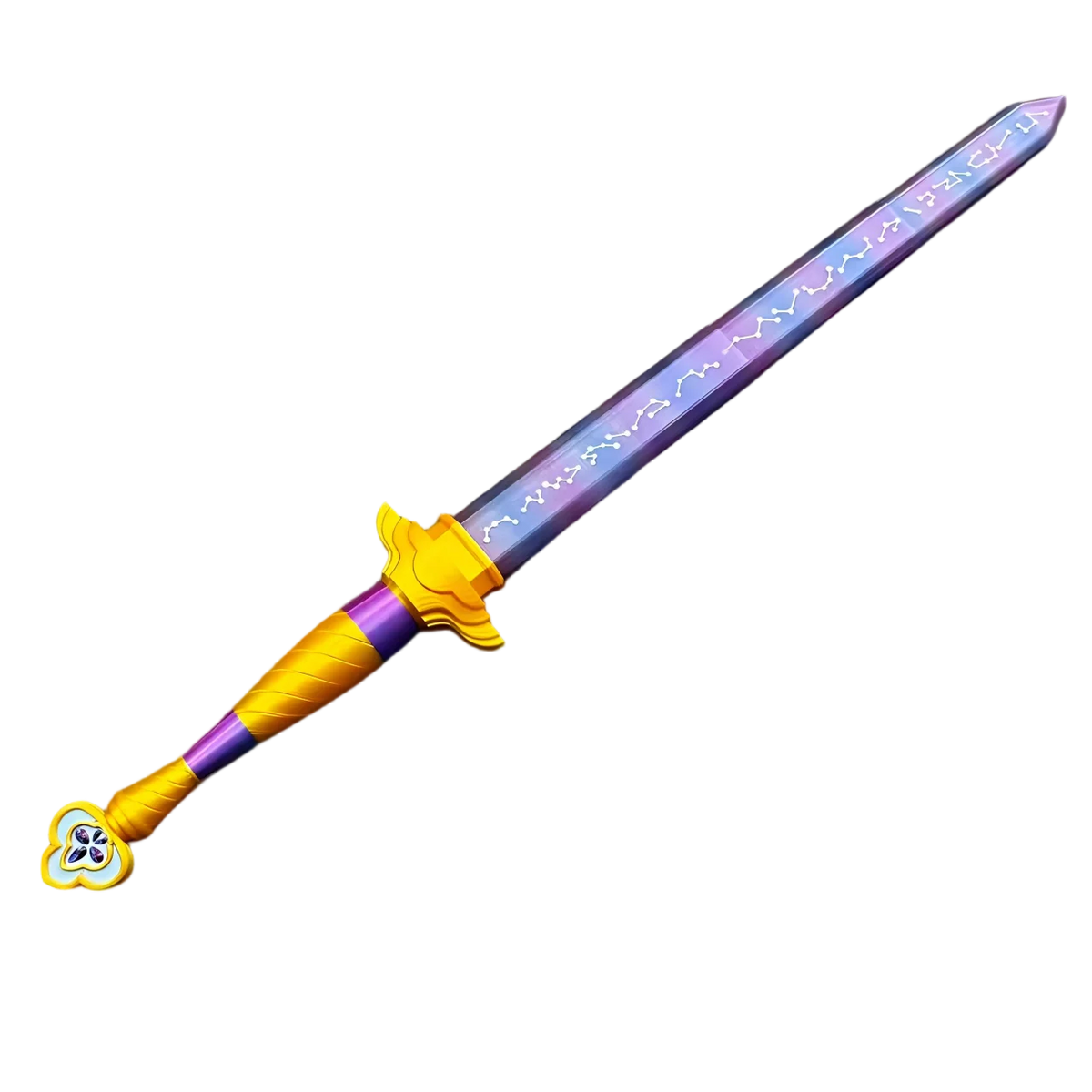 A purple and silver lightsaber prop with a gold hilt, shown diagonally against a black background.