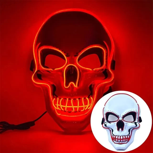 An LED glow skull mask with multiple lighting modes illuminated against a red background.