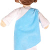 A plush doll depicting Jesus and the Virgin Mary with brown hair and beard, wearing a blue robe.
