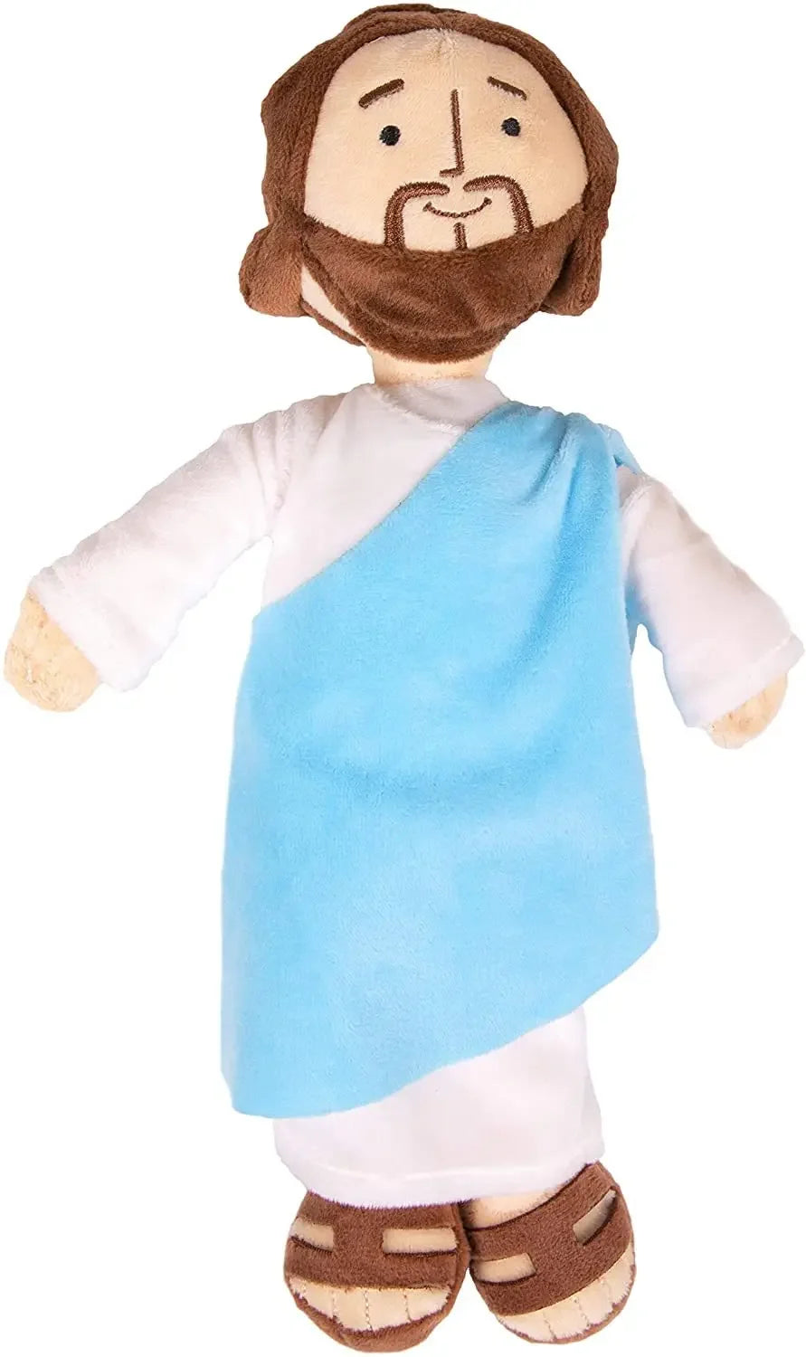 A plush doll depicting Jesus and the Virgin Mary with brown hair and beard, wearing a blue robe.