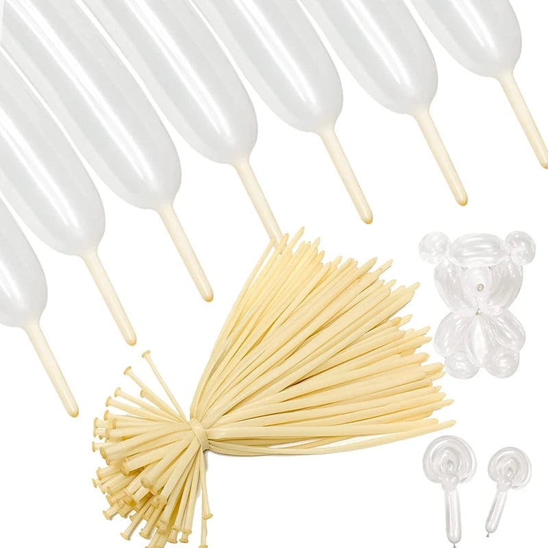 A collection of white plastic twisting balloons and a bundle of yellow straws for party decor