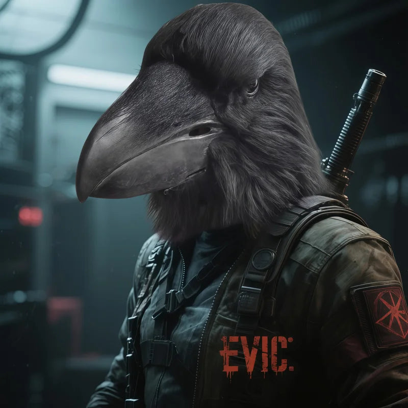 A close-up of a dark, textured latex mask resembling an alien face with large eyes and a prominent beak.