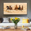 Modern canvas wall art print depicting several horses galloping through dry, dusty terrain.