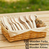 A wooden cutlery set featuring 100 forks, 50 spoons, and 50 knives displayed in a woven basket on a wooden surface.