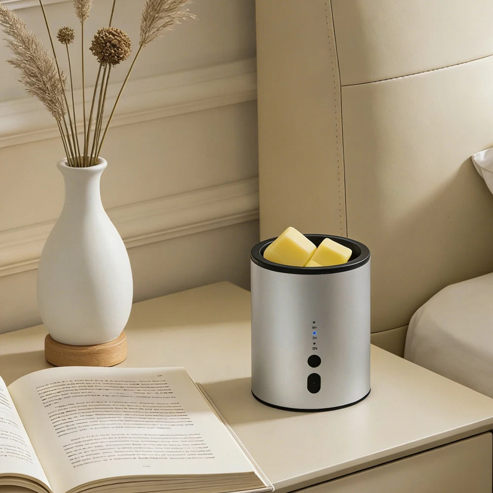 A modern white electric candle warmer lamp with a round base sits on a light surface next to a vase of dried grasses.