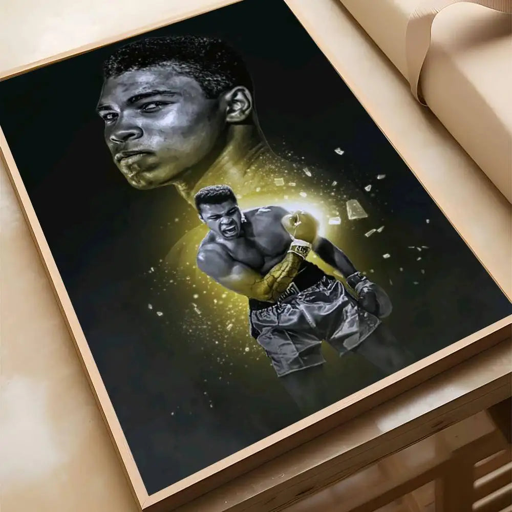 A framed poster featuring a portrait of a boxer with intense lighting and dynamic composition.