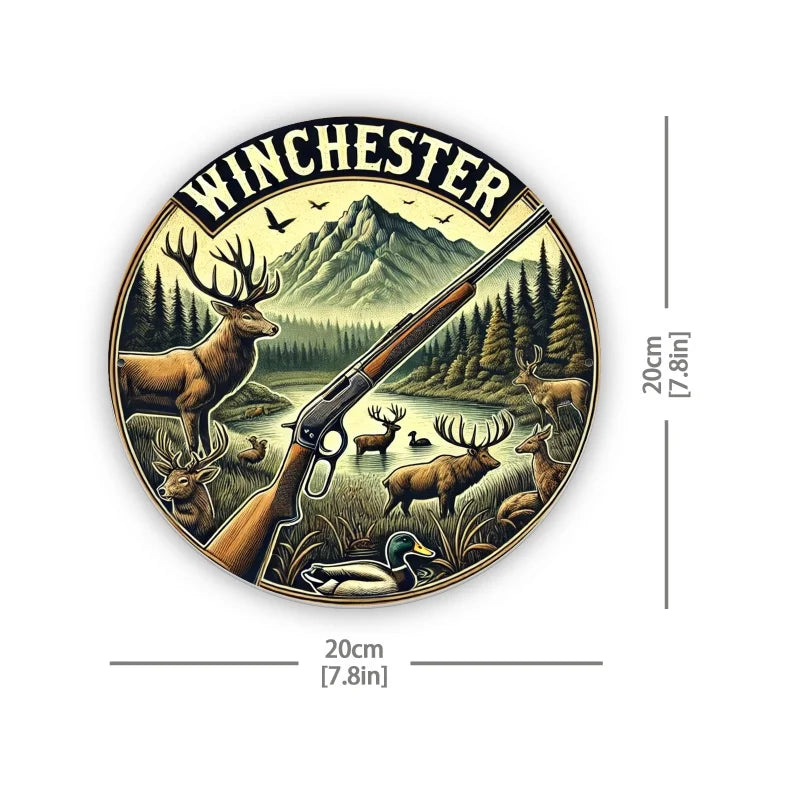 Vintage hunting scene metal wall sign featuring a deer and rifle silhouette against a mountain backdrop.