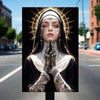 A portrait of a woman with a halo and intricate tattoos, wearing a dark veil and white collar.